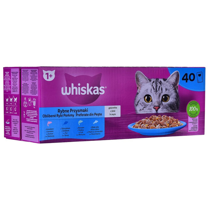 Spuntino per Cat Whiskas 40 x 85 g Salmone Tonno Pesce Baccalà